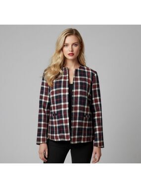 ATMOSPHERE Red Blue White Plaid Long Sleeve Open Tweed Style Blazer Size 8